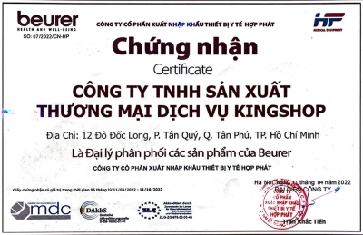 Chứng nhận đại lý phân phối chính thức sản phẩm Thiết bị y tế Beurer