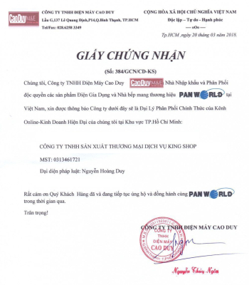 Chứng nhận đại lý phân phối chính thức sản phẩm mang thương hiệu Panworld