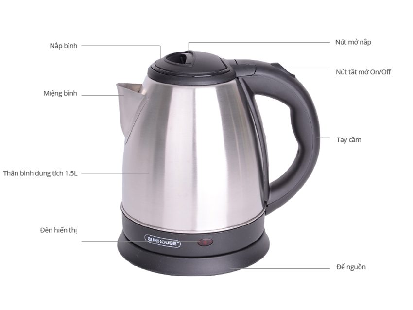 Chi tiết của ấm siêu tốc Inox Sunhouse SHD-1152