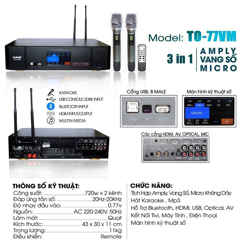 Amply vang số micro Oris TO-77VM - Hàng chính hãng