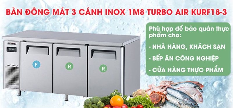 Bàn đông mát inox 3 cánh 1m8 Turbo Air KURF18-3  - Hàng chính hãng