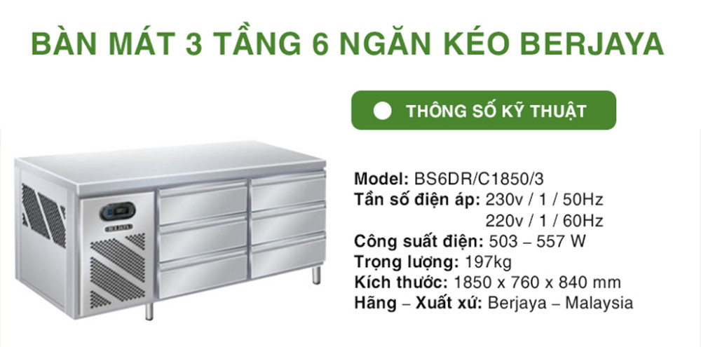 Bàn mát 3 tầng 6 ngăn kéo Berjaya BS6DR/C1850/3 - Hàng chính hãng