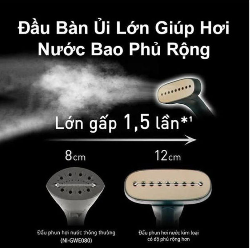 Đầu bàn ủi lớn 15,5 cm có nhiều lỗ giúp cho việc ủi quần áo được nhanh chóng