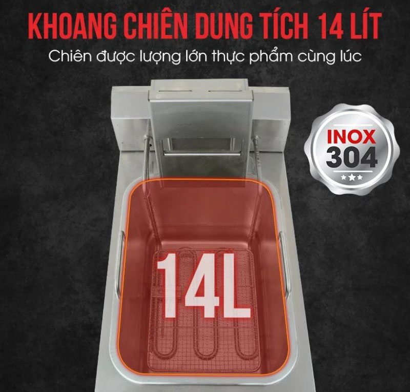 Dung tích 14 lít giúp người dùng có thể chiên những thực phẩm với khối lượng lớn. 