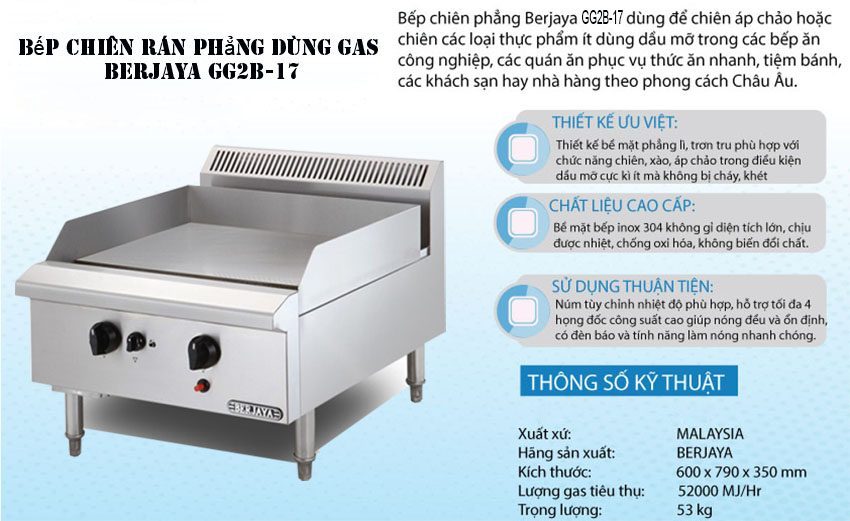 Bếp chiên rán phẳng dùng gas Berjaya GG2B-17 - Hàng chính hãng