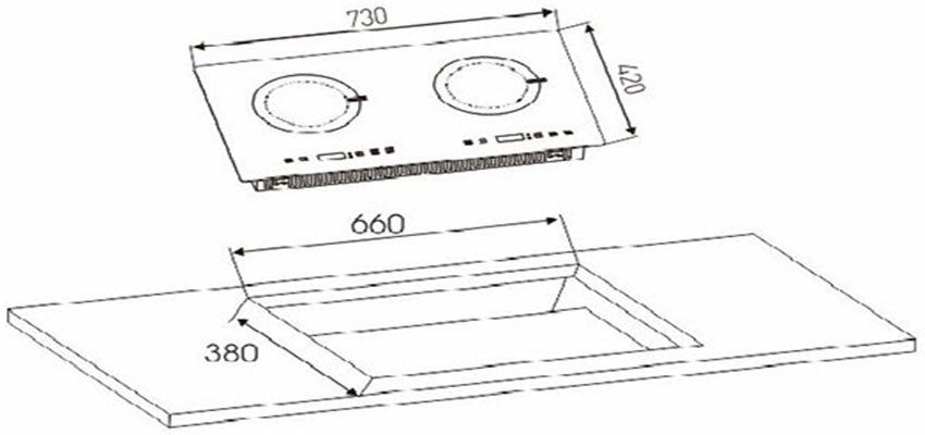 Kích thước lắp đặt của Bếp điện từ đôi Arber AB-386