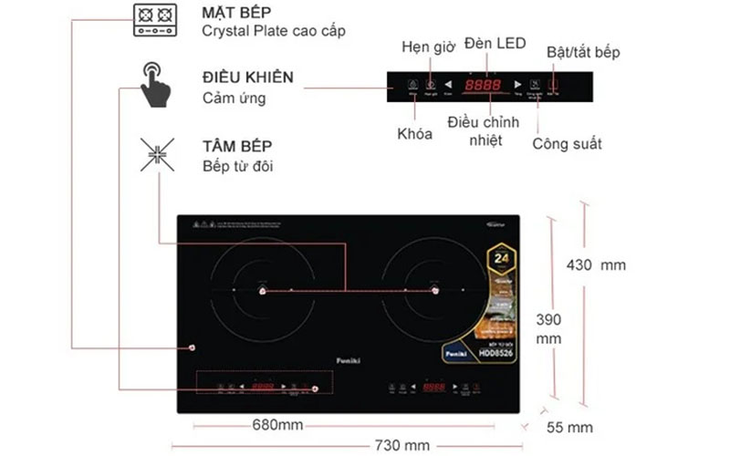 Bếp điện từ đôi Funiki HDD8526 - Hàng chính hãng