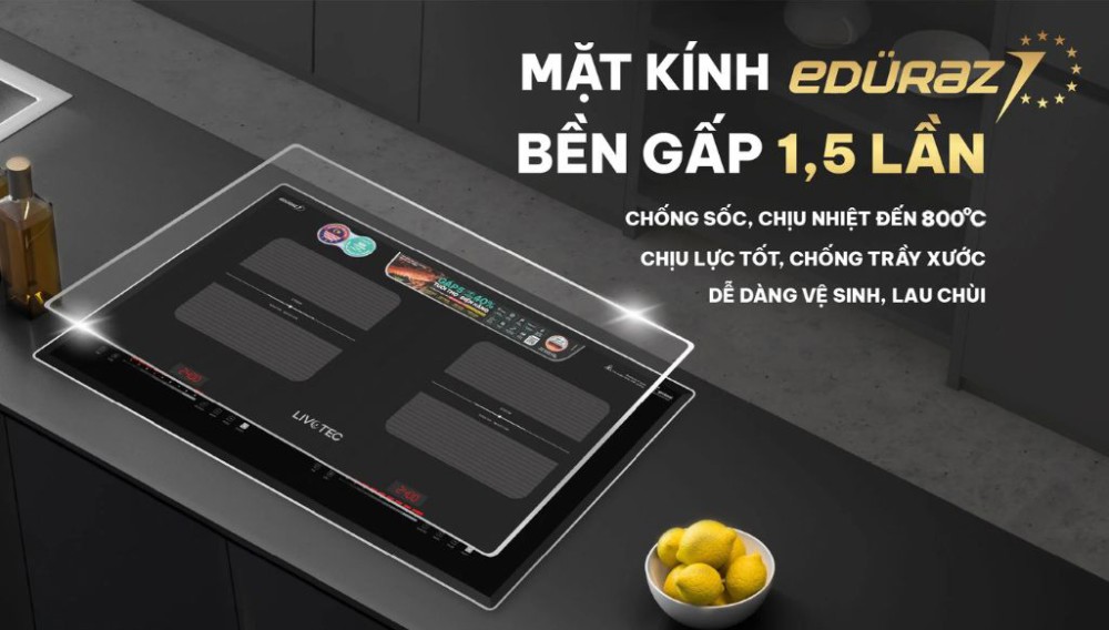 Mặt bếp sử dụng kính Eduraz cao cấp chịu nhiệt, chịu lực tốt