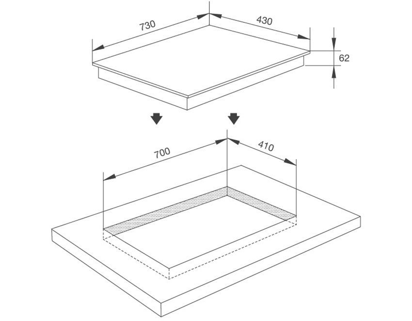 Kích thước của bếp điện từ đôi âm kính Malloca MH-732 ER