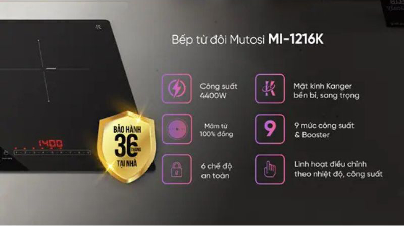 Bếp điện từ đôi Mutosi MI-1216K - Hàng chính hãng