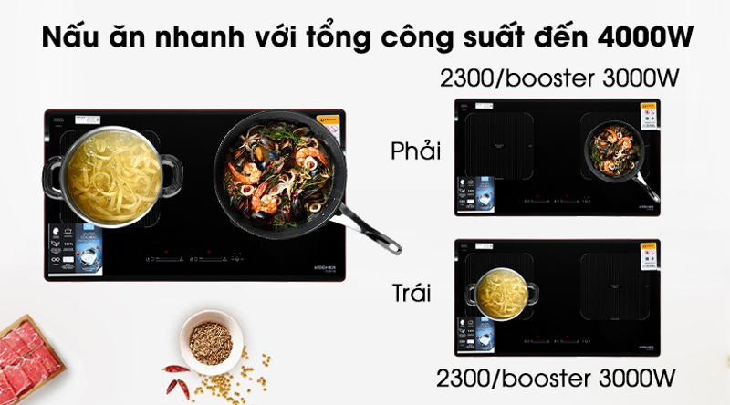 2 bếp nấu có tổng công suất 4000W, nấu ăn nhanh chóng