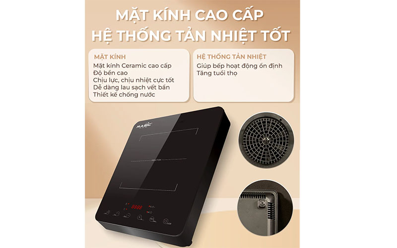 Mặt kính và quạt tản nhiệt của Bếp điện từ đơn Magic Eco AC-201