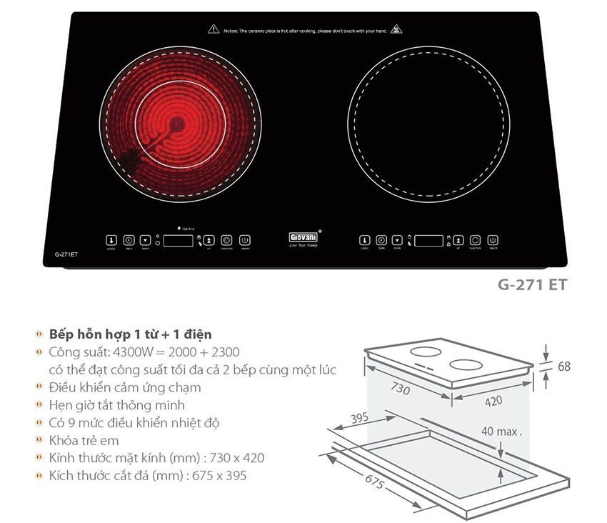 Kích thước lắp đặt của bếp đôi điện từ hồng ngoại Giovani G-271ET