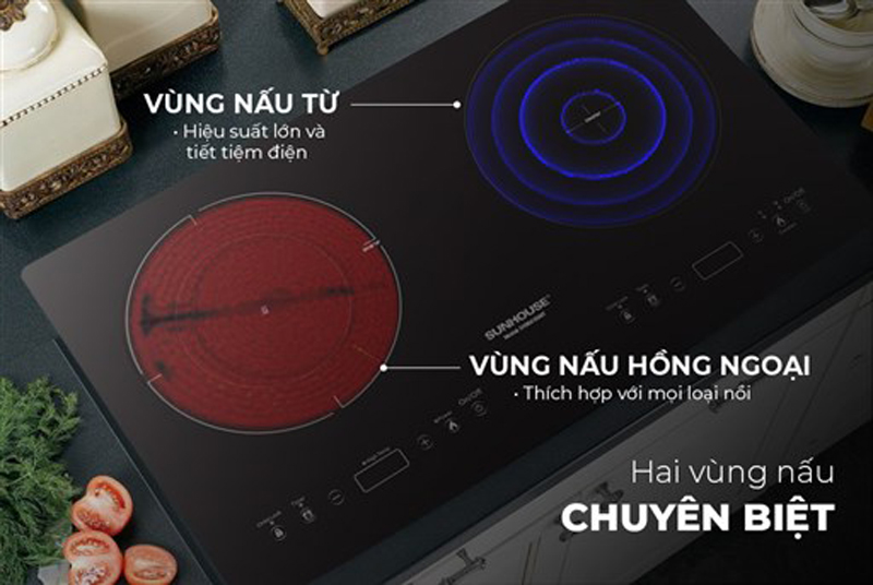 Được thiết kế với 2 vùng nấu 1 từ và 1 hồng ngoại riêng biệt