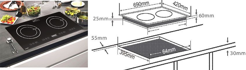 Kích thước lắp đặt của Bếp đôi từ Giovani G-282T 