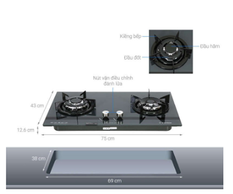 Bếp gas âm Pramie PRMY-GS210 được thiết kế 2 vùng nấu tiện lợi