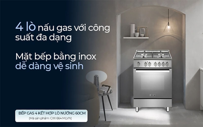 Bếp gas 4 vùng nấu kết hợp lò nướng Elba CXX-664-MLVN 60cm - Hàng chính hãng