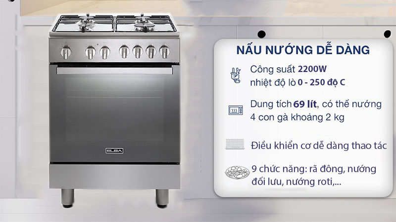Bếp gas 4 vùng nấu kết hợp lò nướng Elba CXX-664-MLVN 60cm - Hàng chính hãng