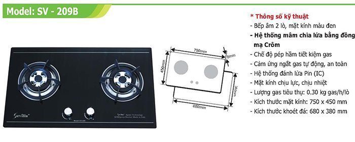 Bếp gas âm Sevilla SV-209 Black - Hàng chính hãng
