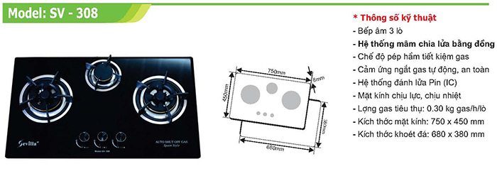 Bếp ga âm 3 lò nấu Sevilla SV-308