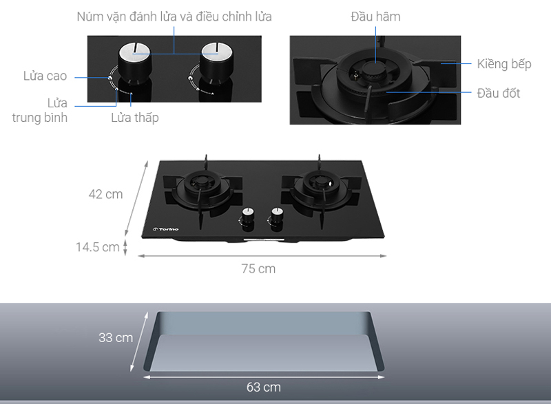 Cấu tạo và kích thước của bếp ga âm Torino MG-2021