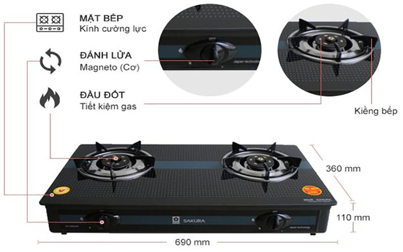 Bếp gas đôi Sakura SA-690GB - Hàng chính hãng