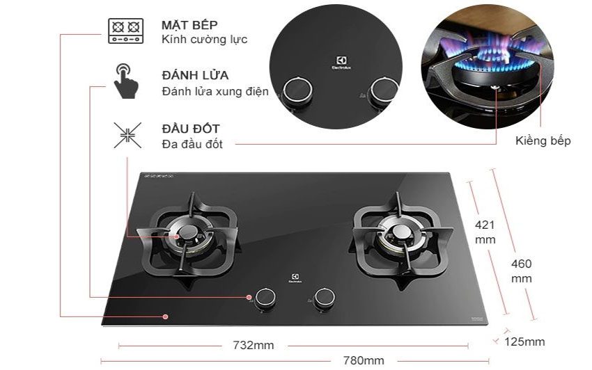 Chi tiết của bếp gas đôi âm kính Electrolux EGT7828CK