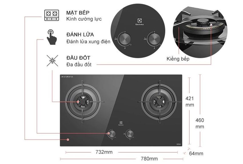 Bếp gas đôi âm kính Electrolux EHG7230BE - Hàng chính hãng