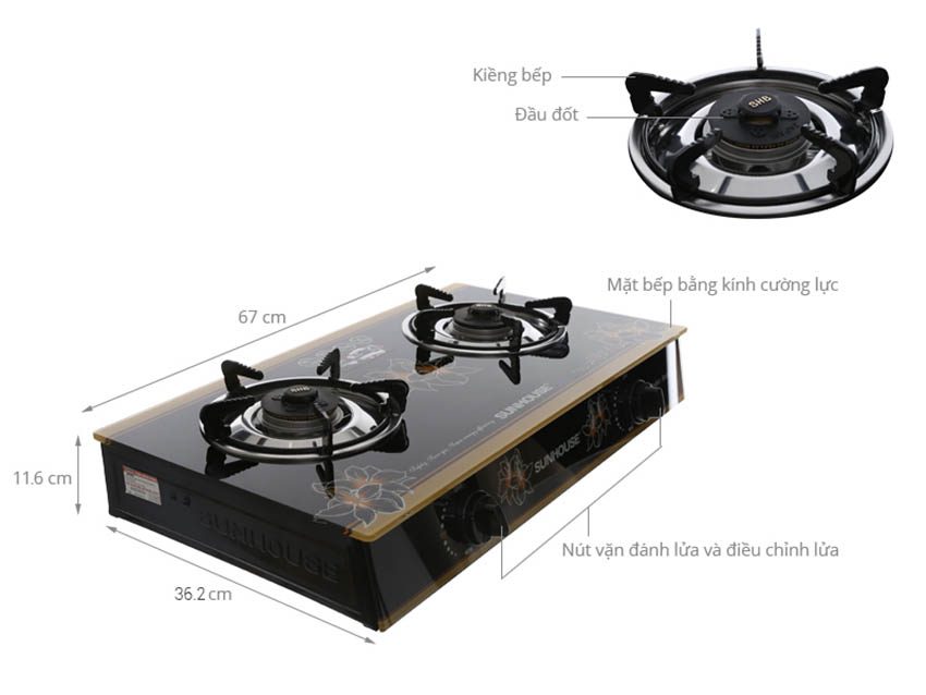 Chi tiết của bếp gas dương kính Sunhouse SHB-3226