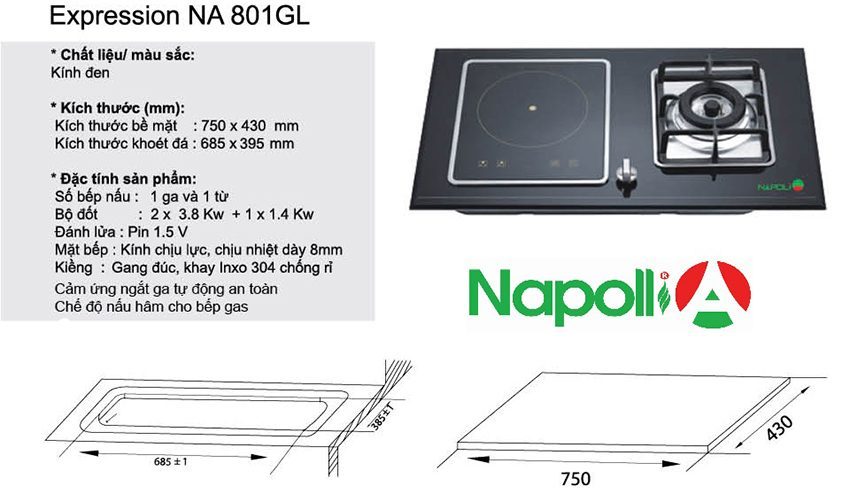 Bếp gas kết hợp bếp từ Napoli NA801GL - Hàng chính hãng