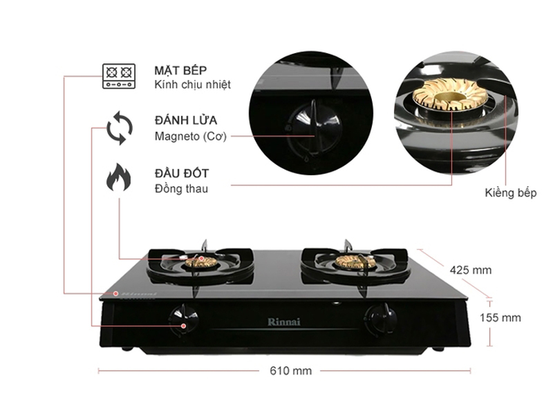 Bếp gas dương Rinnai RV-6DOUBLE GLASS (L) - Hàng chính hãng