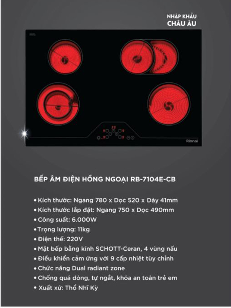 Bếp hồng ngoại 4 vùng nấu Rinnai RB-7104E-CB - Hàng chính hãng