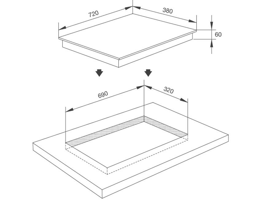 Kích thước của bếp điện từ âm kính Malloca MH-02IR