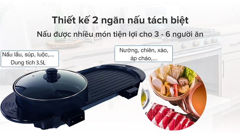 Thiết kế 2 ngăn riêng biệt của Bếp lẩu nướng đa năng Matika MTK-6929