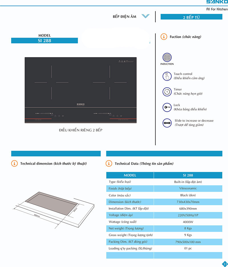 Bếp từ âm đôi Sanko SI-288 - Hàng chính hãng