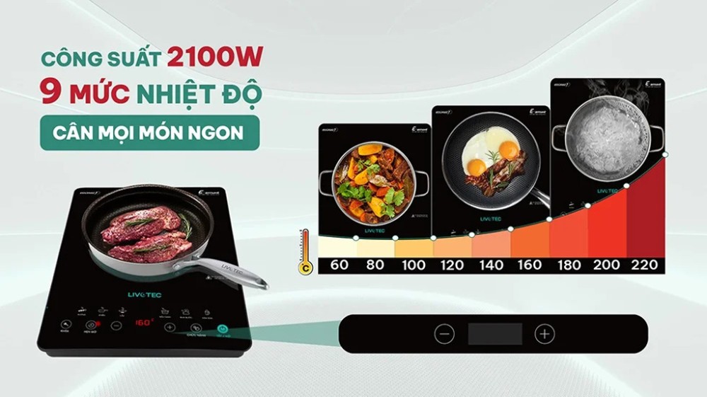 Công suất mạnh mẽ 2.100W, gia nhiệt nhanh chóng.