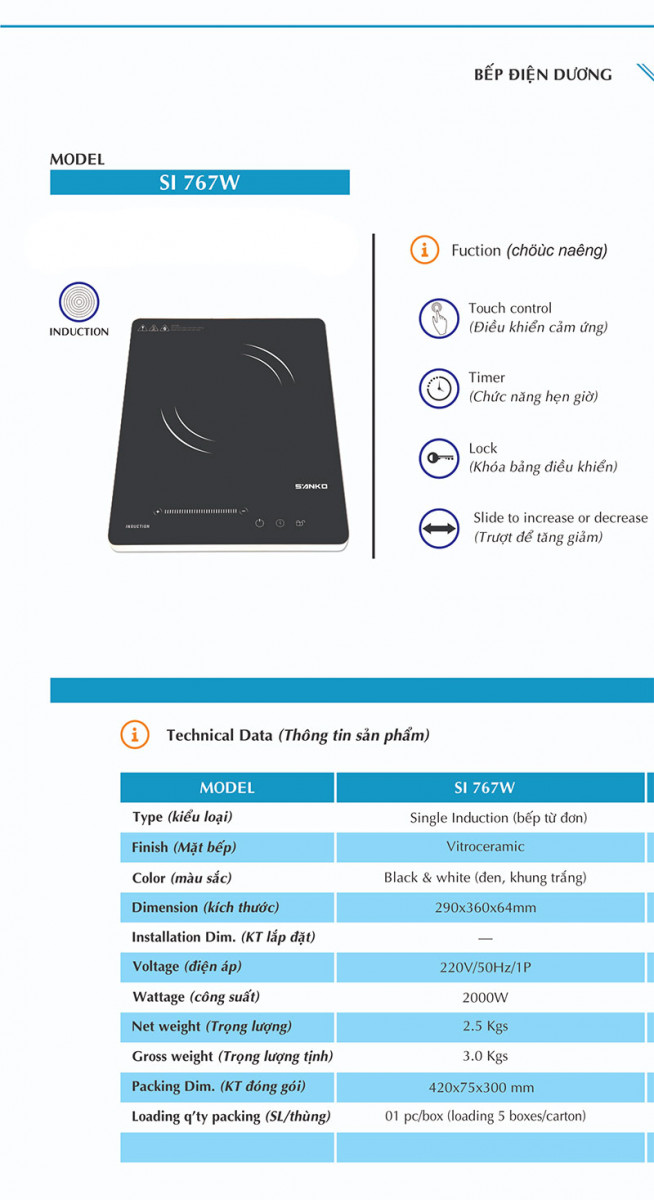 Bếp từ dương đơn Sanko SI-767W - Hàng chính hãng