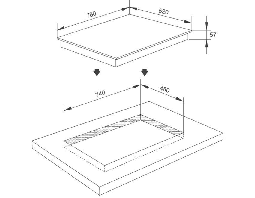 Kích thước của bếp từ tư âm kính Malloca MI-784 ITG