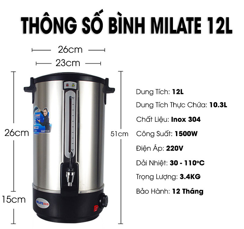 Bình đun nước nóng Milate 12L - Hàng chính hãng