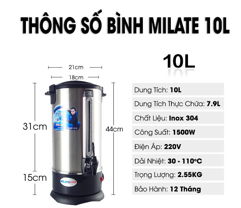 Bình đun nước nóng Milate 10L - Hàng chính hãng