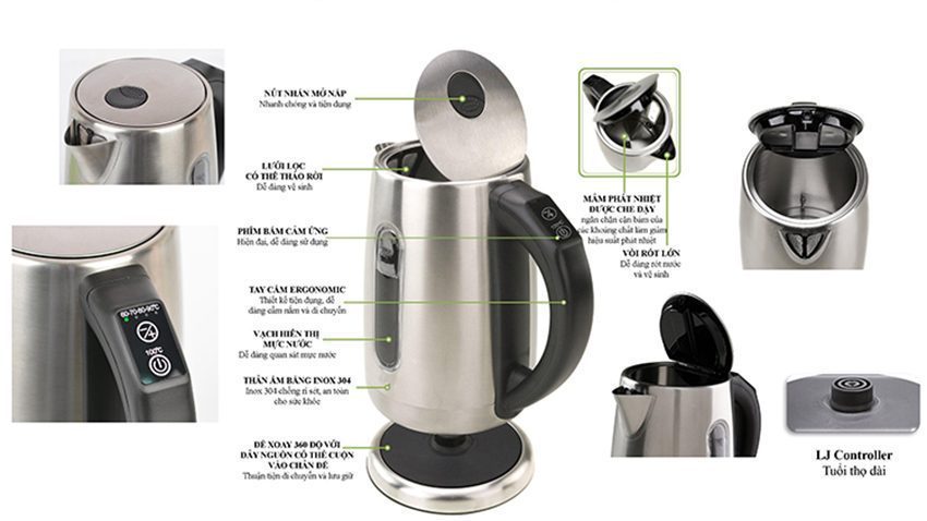 Bình đun siêu tốc inox điện tử Happy Cook HEK-170D - Hàng chính hãng