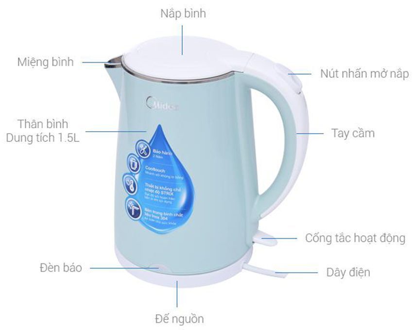 Bình đun siêu tốc Midea MK-15DC - Hàng chính hãng