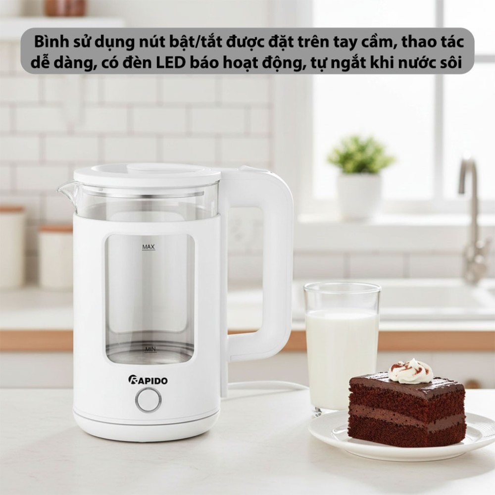 Bình đun siêu tốc Rapido 1.7 lít RK1715W - Hàng chính hãng