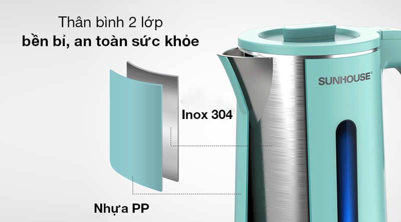 Thiết kế 2 lớp, ruột bằng  inox 304, vỏ bằng nhựa