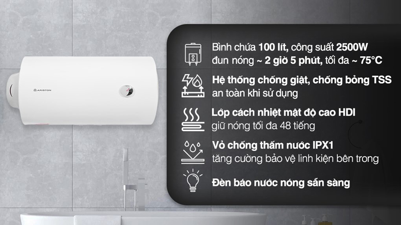 Bình nóng lạnh gián tiếp Ariston PRO R100L-H - Hàng chính hãng