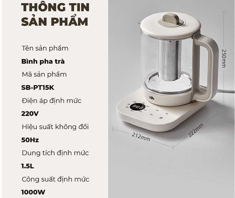 Bình pha trà giữ nhiệt Bear SB-PT15K (1.5L) - Hàng chính hãng