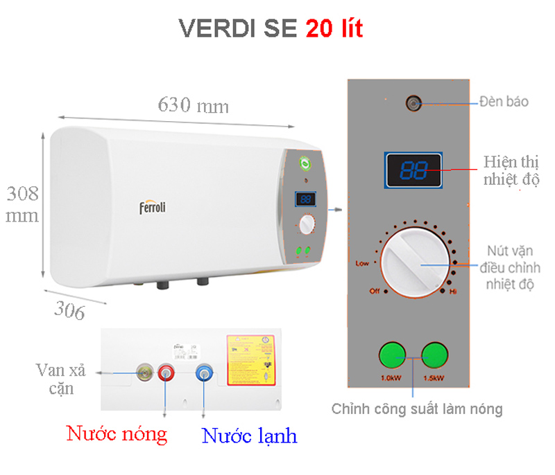 Bình tắm nóng lạnh Ferroli Verdi-AG+ 20L - Hàng chính hãng