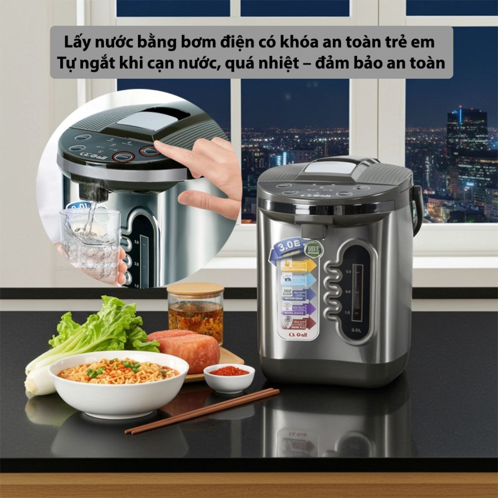 Bình thủy điện Gali GL-5030G lấy nước bằng bơm điên có tính năng tự ngắt khi nước sôi an toàn