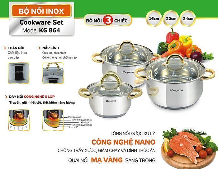 Bộ 3 nồi inox cao cấp 5 lớp Kangaroo KG864