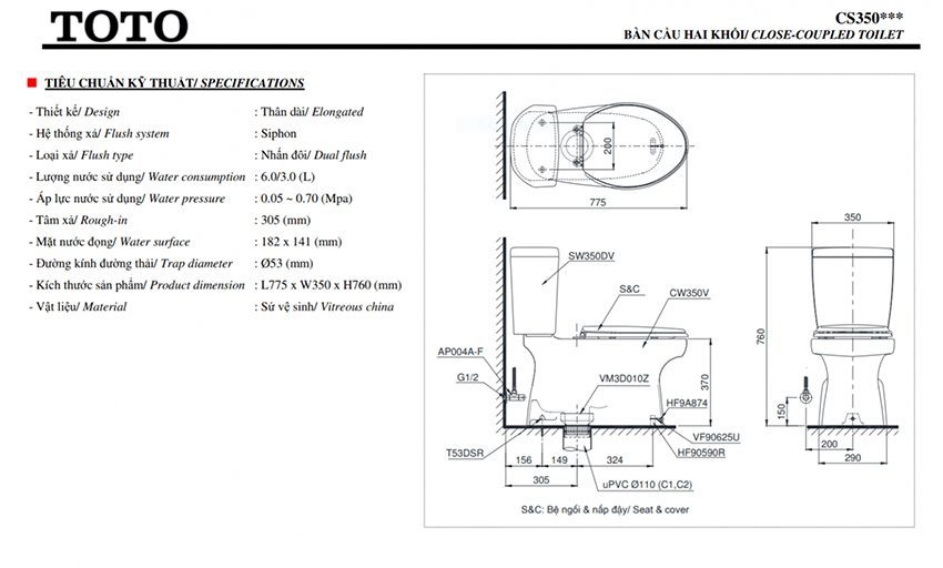 Bồn cầu hai khối Toto CS350DW11 - Hàng chính hãng